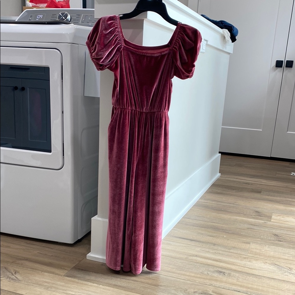 Velvet Puff Sleeve Maxi Dress in Pink